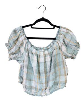 American Eagle Green Plaid Off Shoulder Smocked Puff Sleeve Crop Top Womens size
